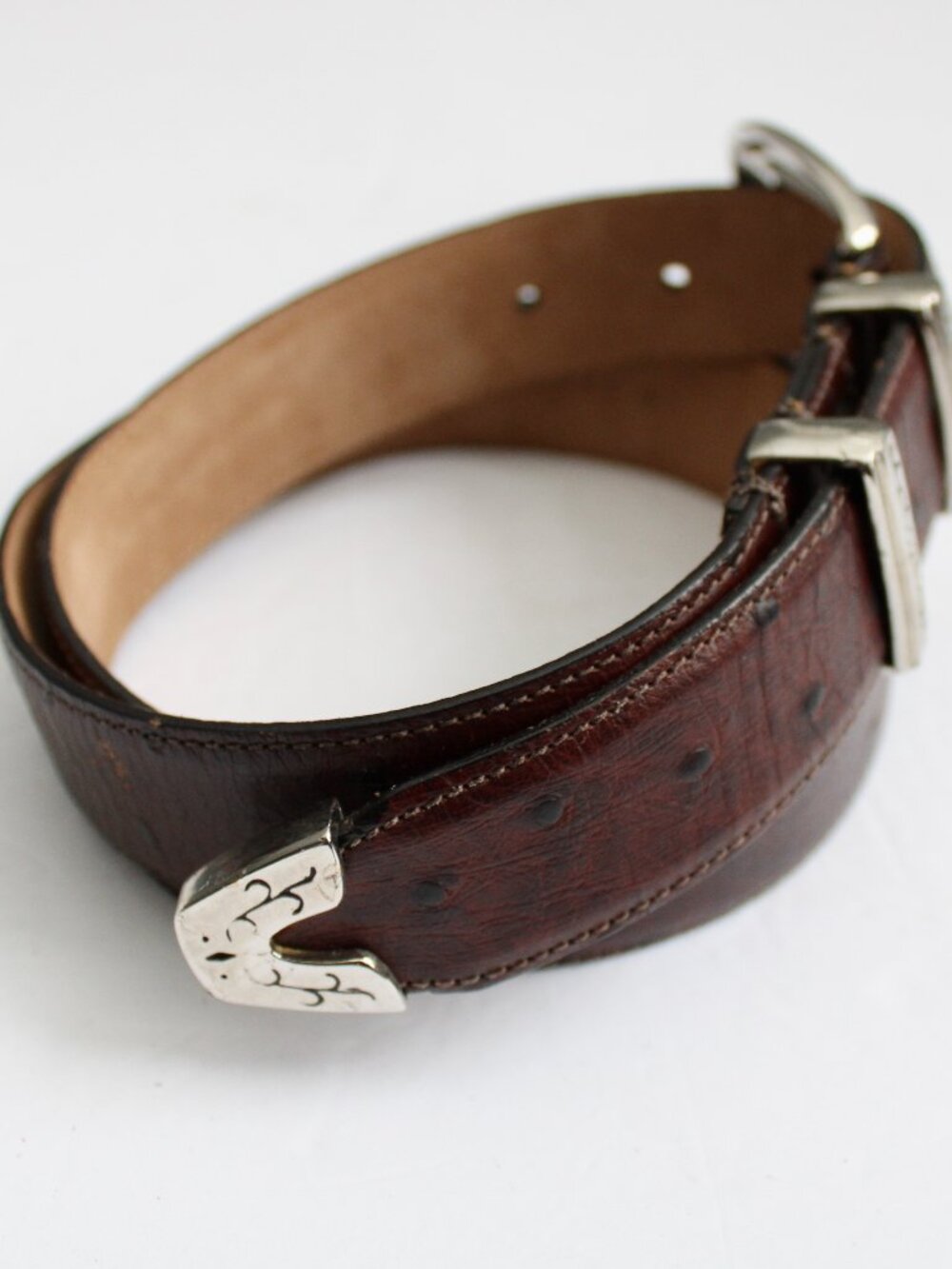 Ostrich Leather Brown Women's Waist Belt Silver Buckle Western Size Medium - Picture 2 of 6